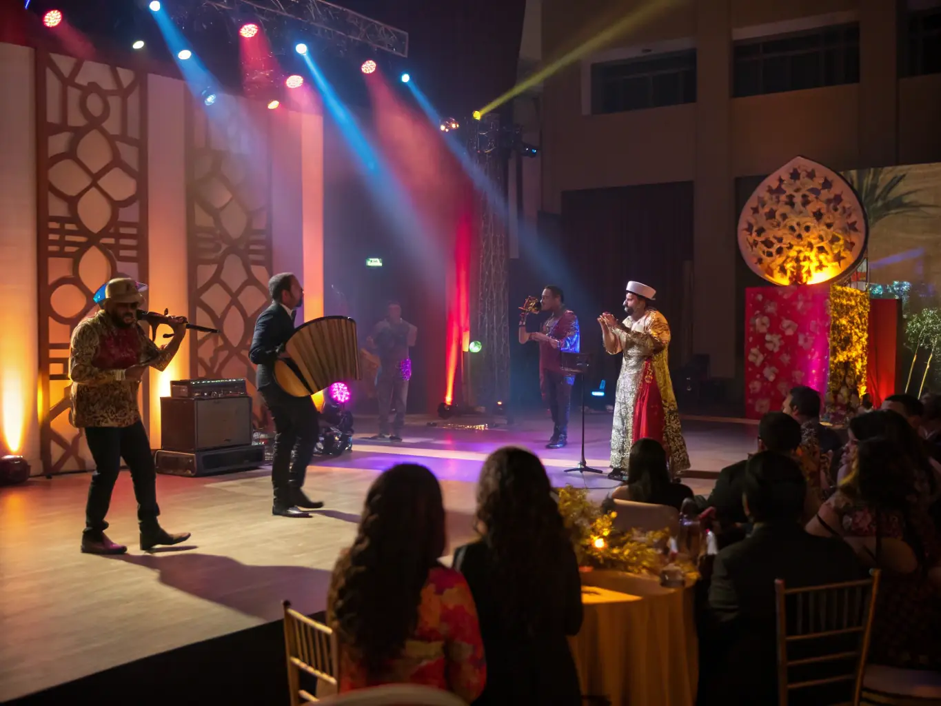 A vibrant scene from a TITANE-sponsored cultural exchange event, featuring traditional music and dance performances from different countries.