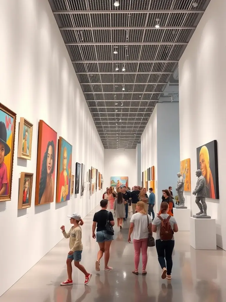 A compelling shot of an art exhibition organized by TITANE, highlighting the diverse range of artworks on display and the engaged audience appreciating the artistic talent and cultural richness.