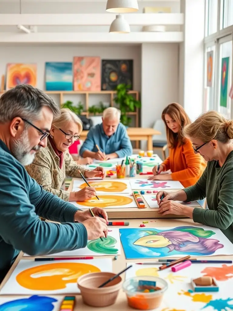A photograph capturing a vibrant art workshop in progress, showcasing participants of diverse ages and backgrounds actively engaged in creating art, with a focus on hands-on learning and creative expression.