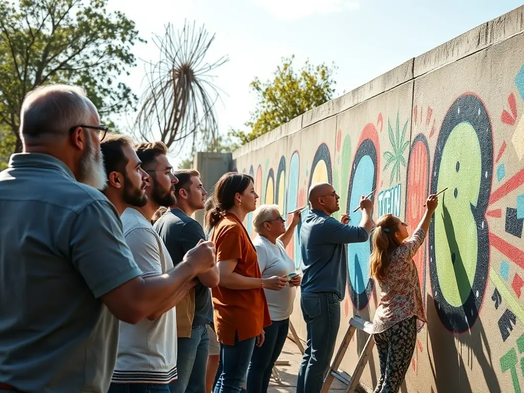 A group of diverse artists collaborating on a large mural in a community space, showcasing TITANE's support for artistic creation and community engagement.