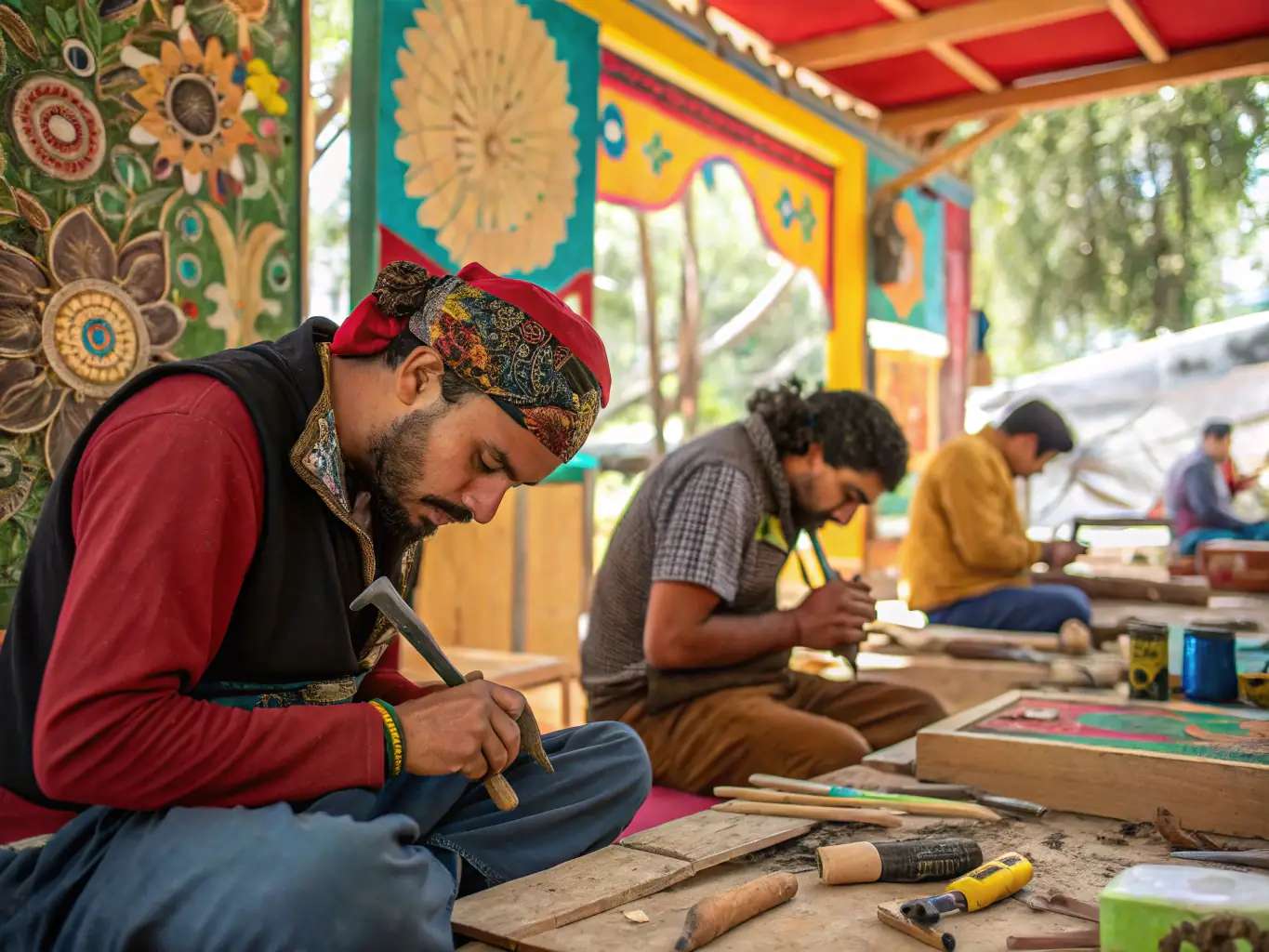 A workshop in progress, showing participants learning traditional crafts from skilled artisans, highlighting TITANE's commitment to preserving and promoting traditional arts.
