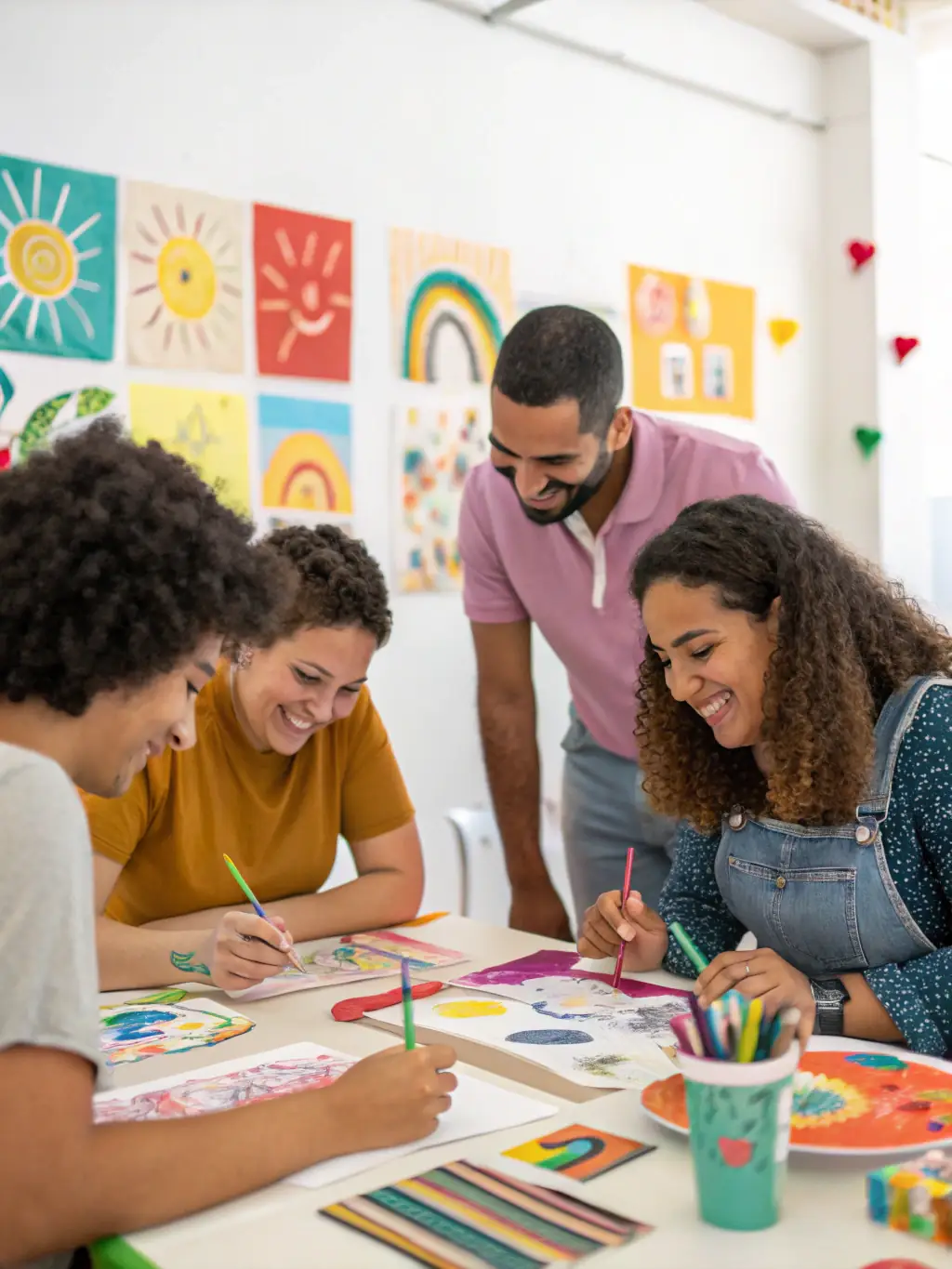 A heartwarming image of artists leading an art therapy session for individuals with special needs, emphasizing the therapeutic benefits of art and its ability to promote healing and emotional well-being.
