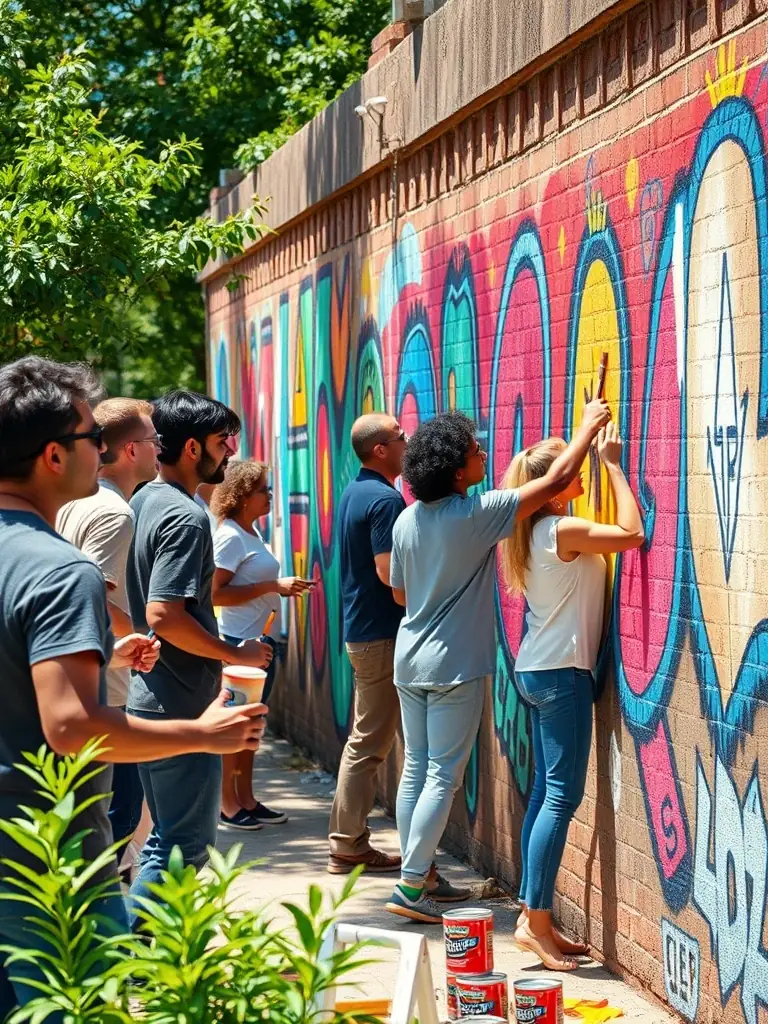 A dynamic image of an international cultural exchange event, featuring artists from different countries collaborating on a mural, symbolizing unity and the power of art to transcend cultural boundaries.